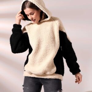 Kadın Polar Peluş Bej Siyah Bloklu Kapşonlu Sweatshirt - Bej - Siyah