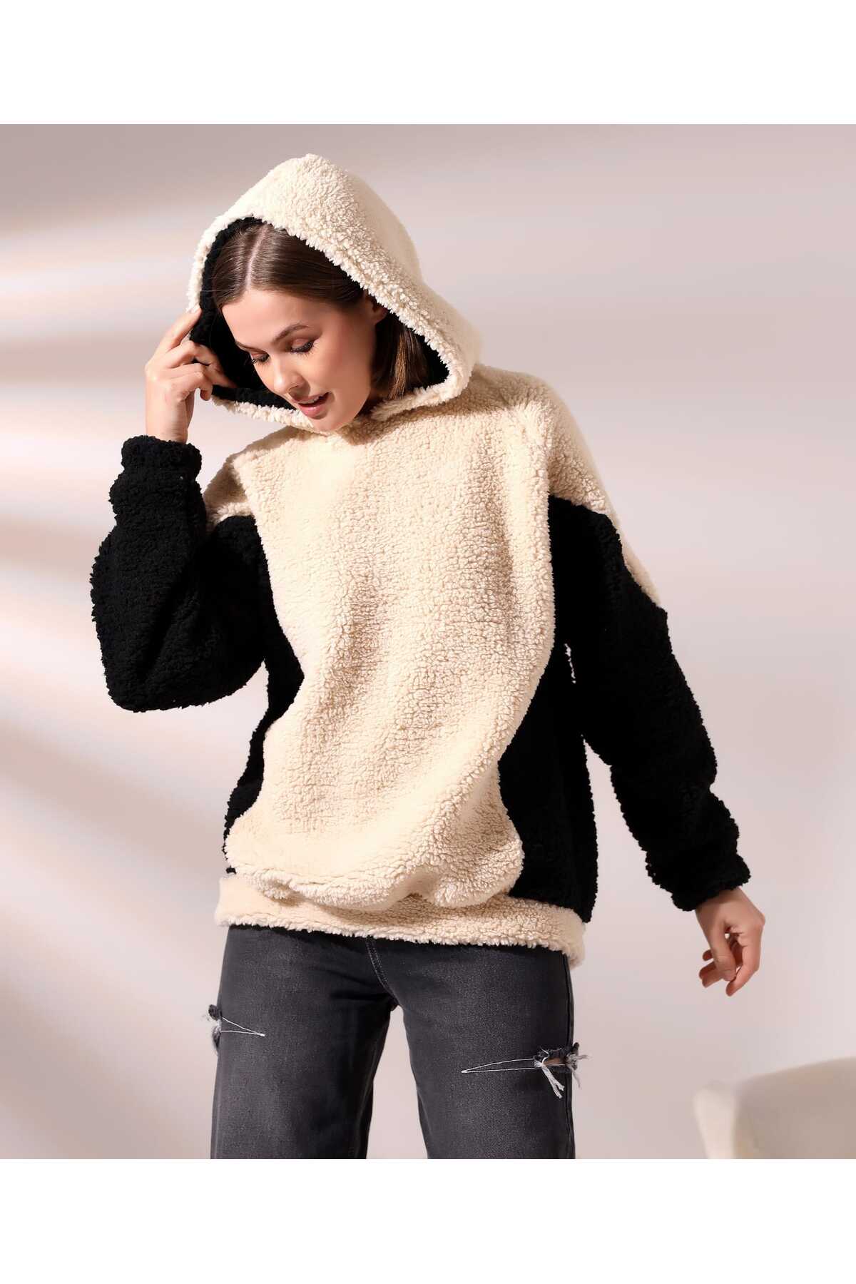 Kadın Polar Peluş Bej Siyah Bloklu Kapşonlu Sweatshirt - Bej - Siyah