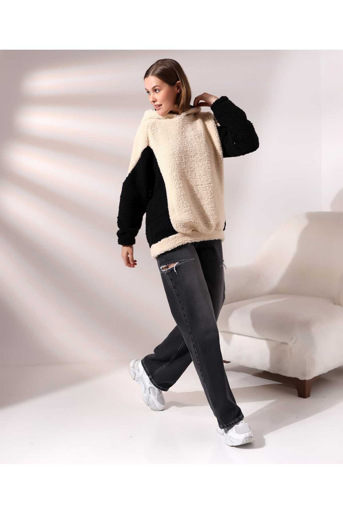 Kadın Polar Peluş Bej Siyah Bloklu Kapşonlu Sweatshirt - Bej - Siyah - Görsel 3