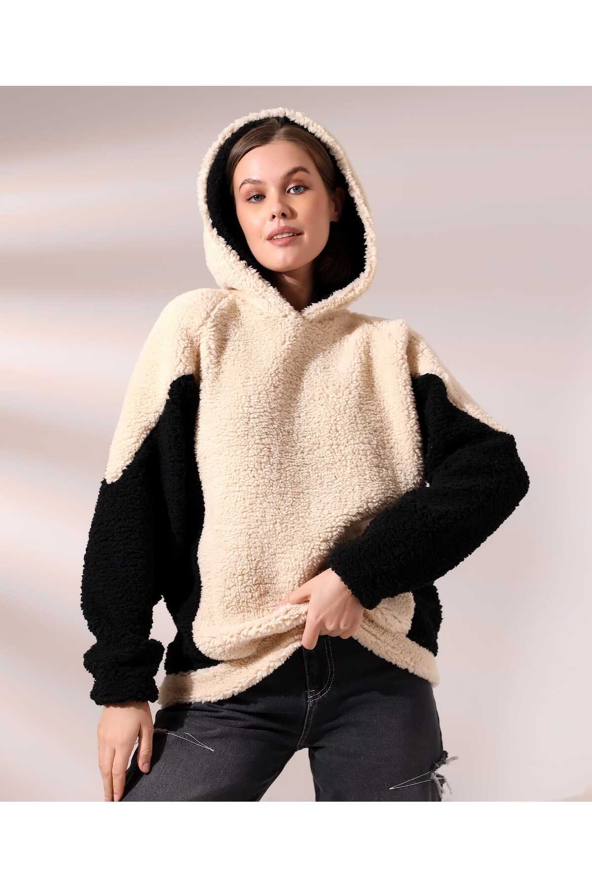 Kadın Polar Peluş Bej Siyah Bloklu Kapşonlu Sweatshirt - Bej - Siyah - Görsel 5