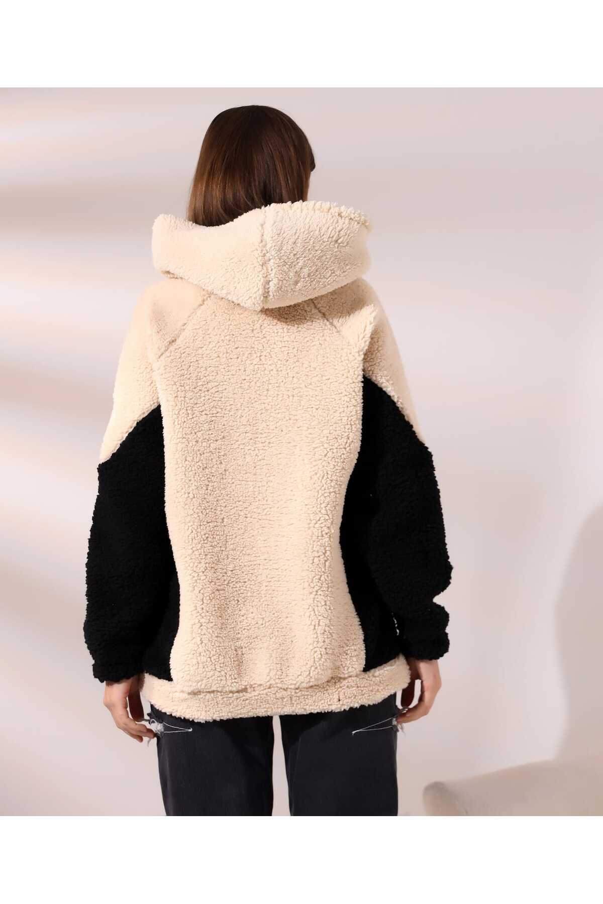 Kadın Polar Peluş Bej Siyah Bloklu Kapşonlu Sweatshirt - Bej - Siyah - Görsel 6