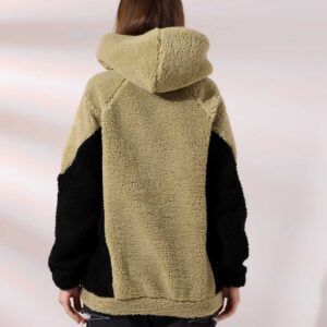 Alternative view of Kadın Polar Peluş Bej Siyah Bloklu Kapşonlu Sweatshirt - Haki-Gri